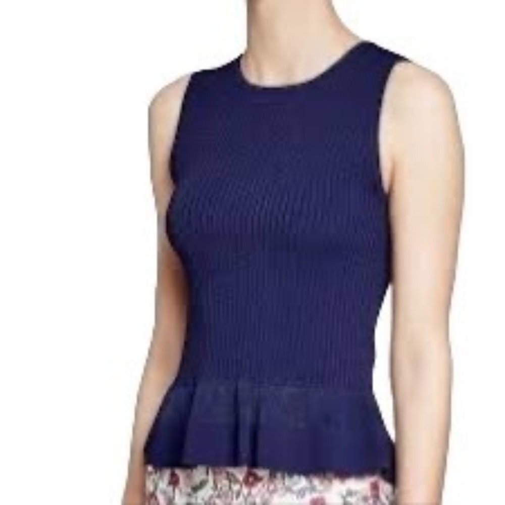 Diane Von Furstenberg Womens knit Top Medium Navy Rib Knit Peplum